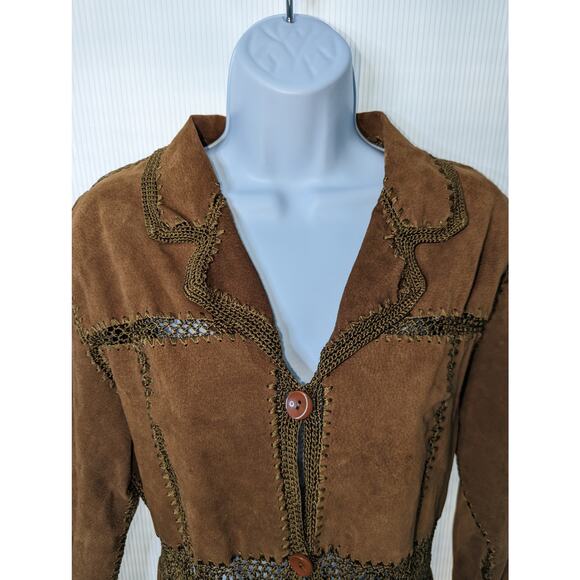 Vintage 90s Y2K Static Brown Suede Crochet Patched Blazer Boho Size Medium - Picture 3 of 9